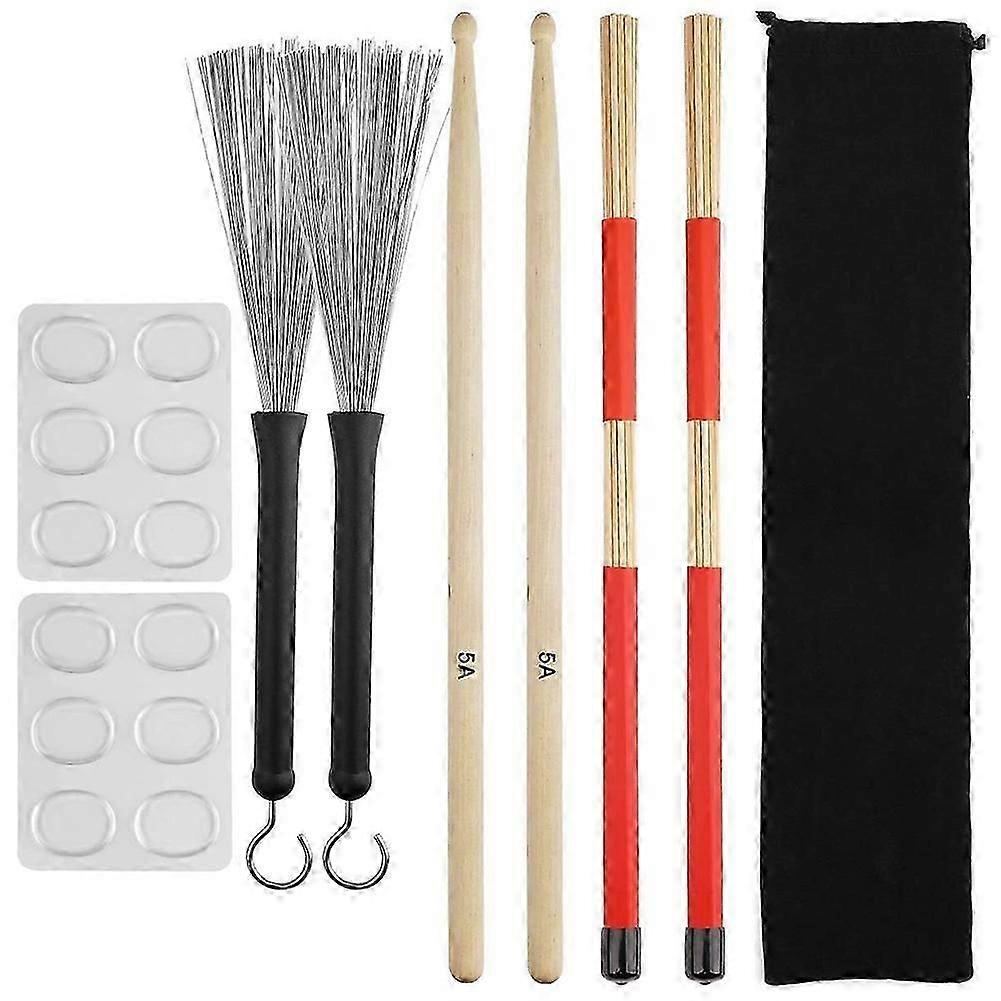 Drum Sticks Set,5A Maple Wood Drum Sticks,Drum Rods Brushes,Retractable Drum Wire Brushes,Drum Damp