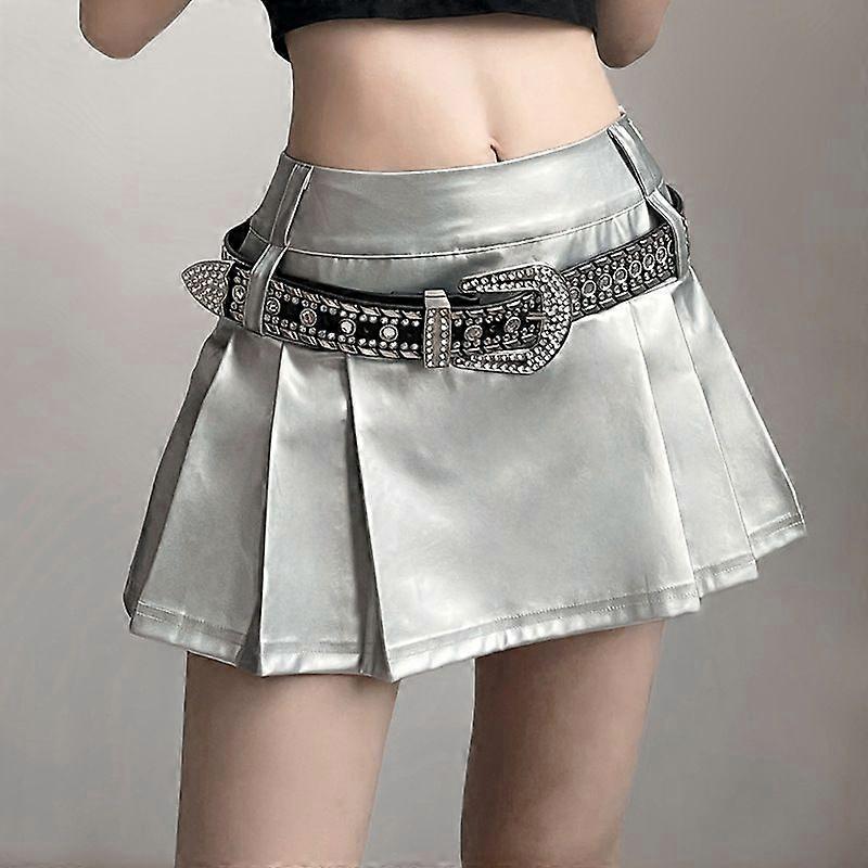 Women's High Waist Metallic Pleated Mini Skirt Street Style A-Line Skater Skirt (Belt Not Included)