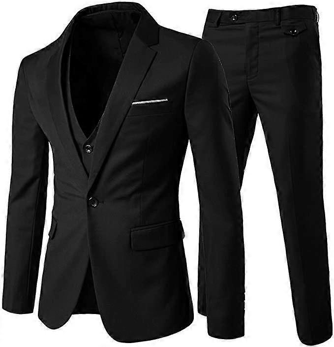 Erkek 3 Parça Slim Fit Takım Elbise Seti Tek Düğmeli Katı Ceket Yelek Pantolon İş Düğün Seti Siyah Resmi Günler İçin Uygun