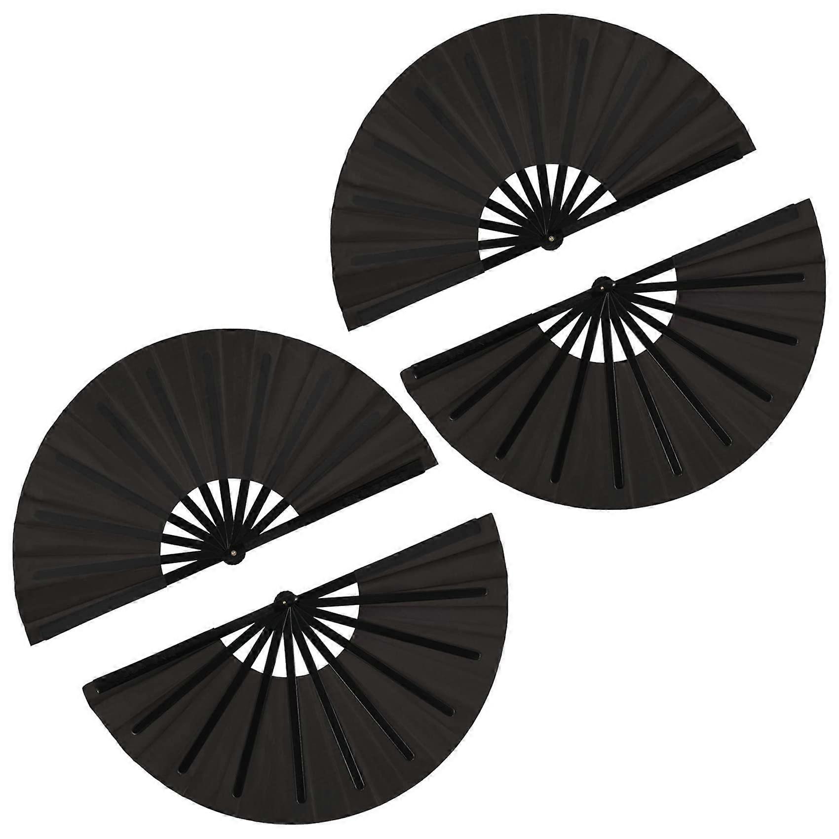 Large Folding Nylon Chinese Tai Fans - 4 Pack Black Decorative Handheld Fans for Party Favors and Events