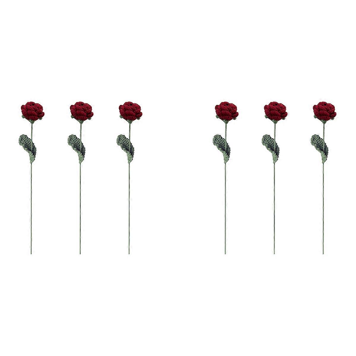 6X Crochet Flowers Bouquet Handmade Knitted Red Rose Flower Artificial-Fake Flower Wedding Party Hom