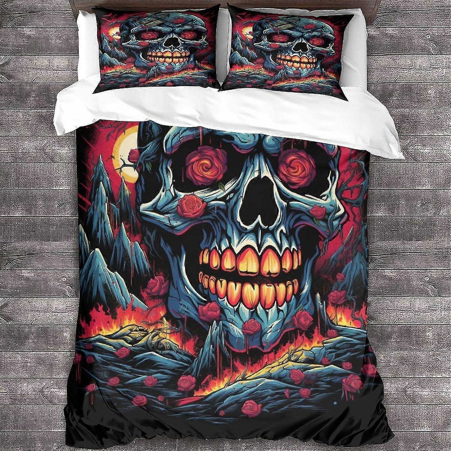 3D Printed Skull Rock 'n' Roll Duvet Cover with Pillowcases Heavy Metal Guitar Bedding Set Soft Microfiber King Size