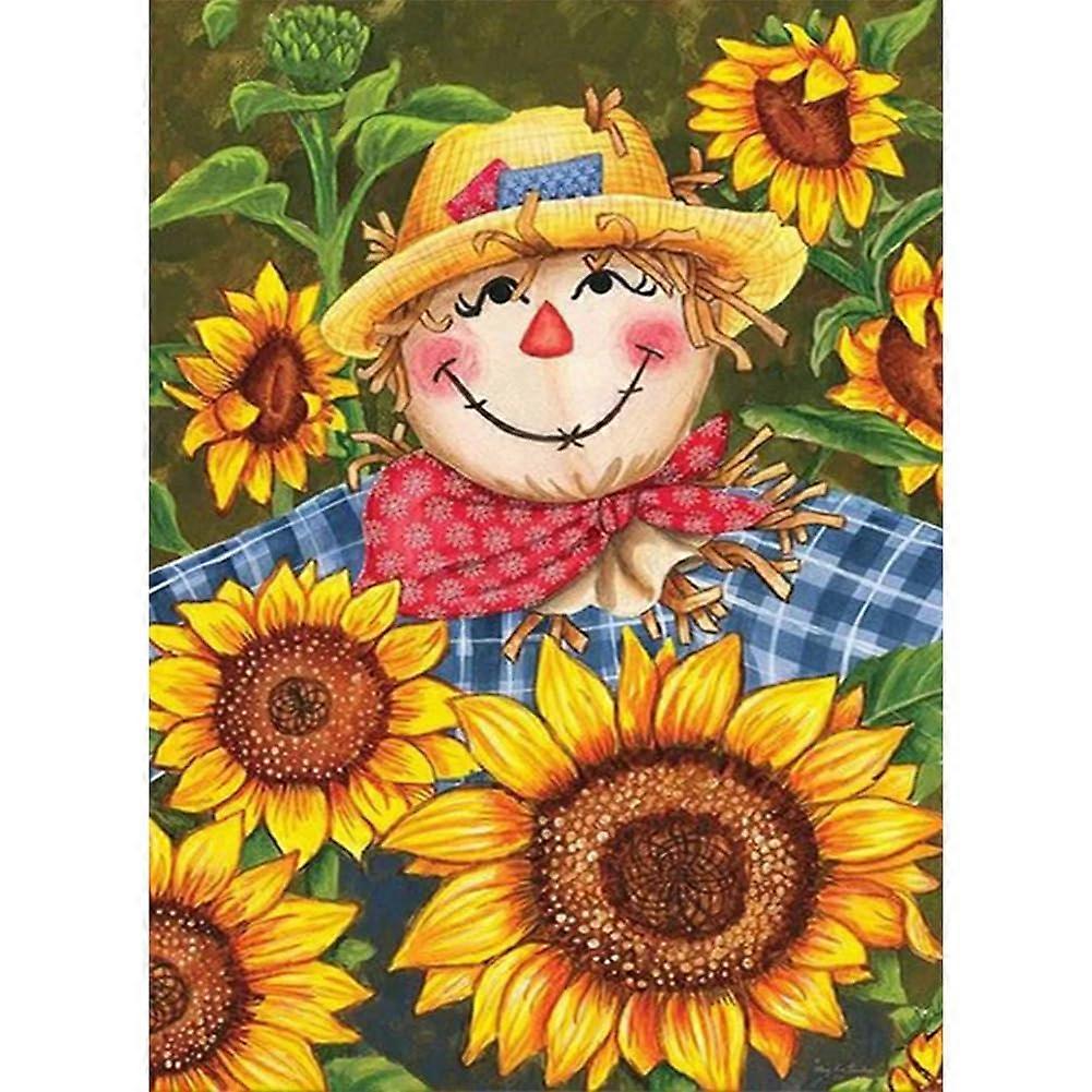 DIY fullround drill bit, partially AB rhinestone painting, scarecrow in sunflower, 45 x 60 cm