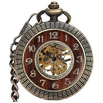 Miesten käsituuli mekaaninen taskukello vintage steampunk puu vilja ontto muotoilu ketjulla ja laatikkopronssi arabia