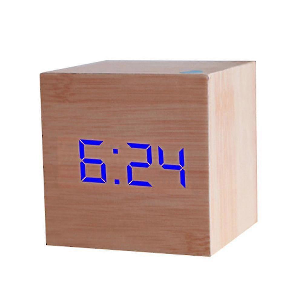 Digital LED USB Desk Wooden Square Alarm Clock with Voice Control - Stylish Table Decoration for Home & Office Use
