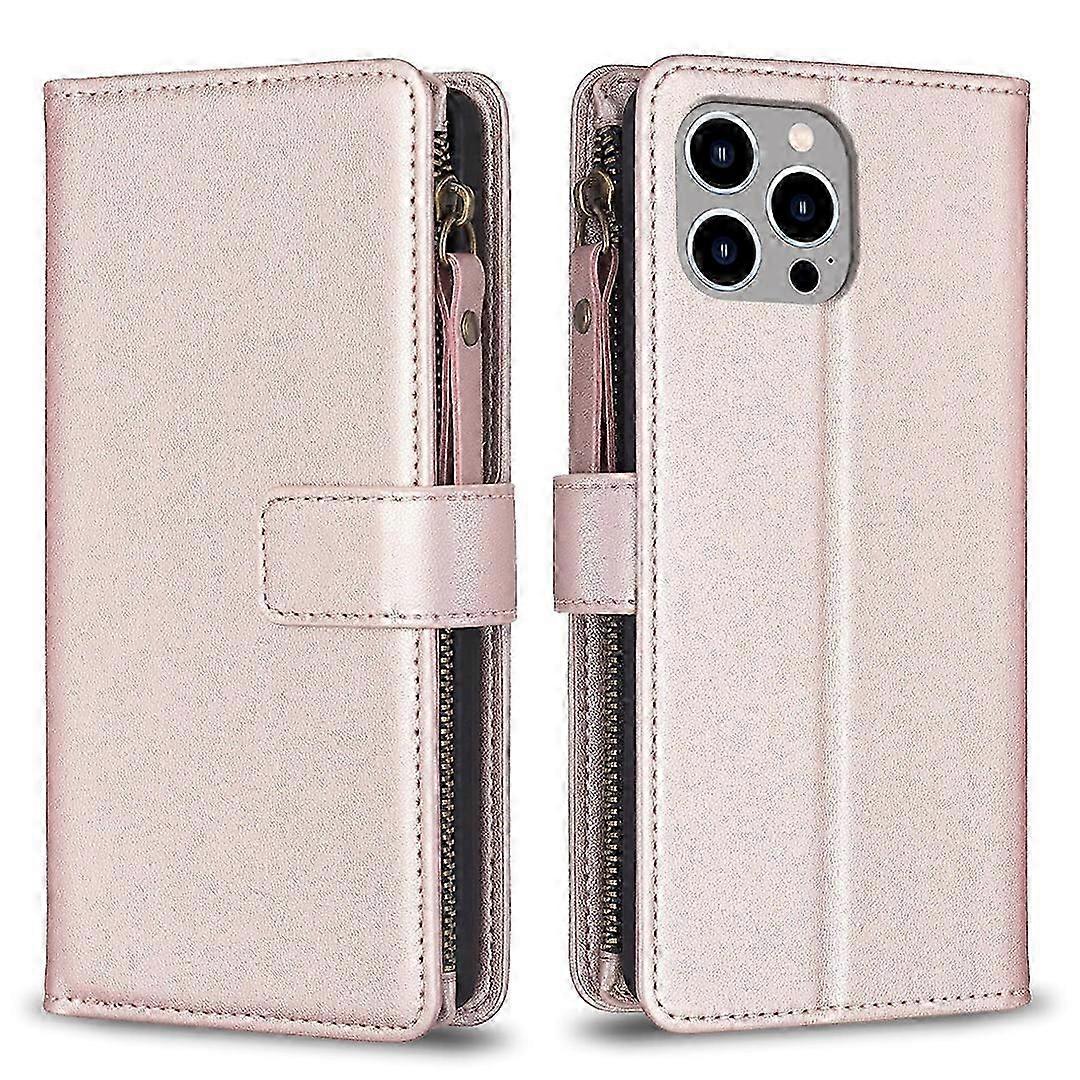 For iPhone 14 Pro 9 Card Slots Zipper Wallet Leather Flip Phone Case