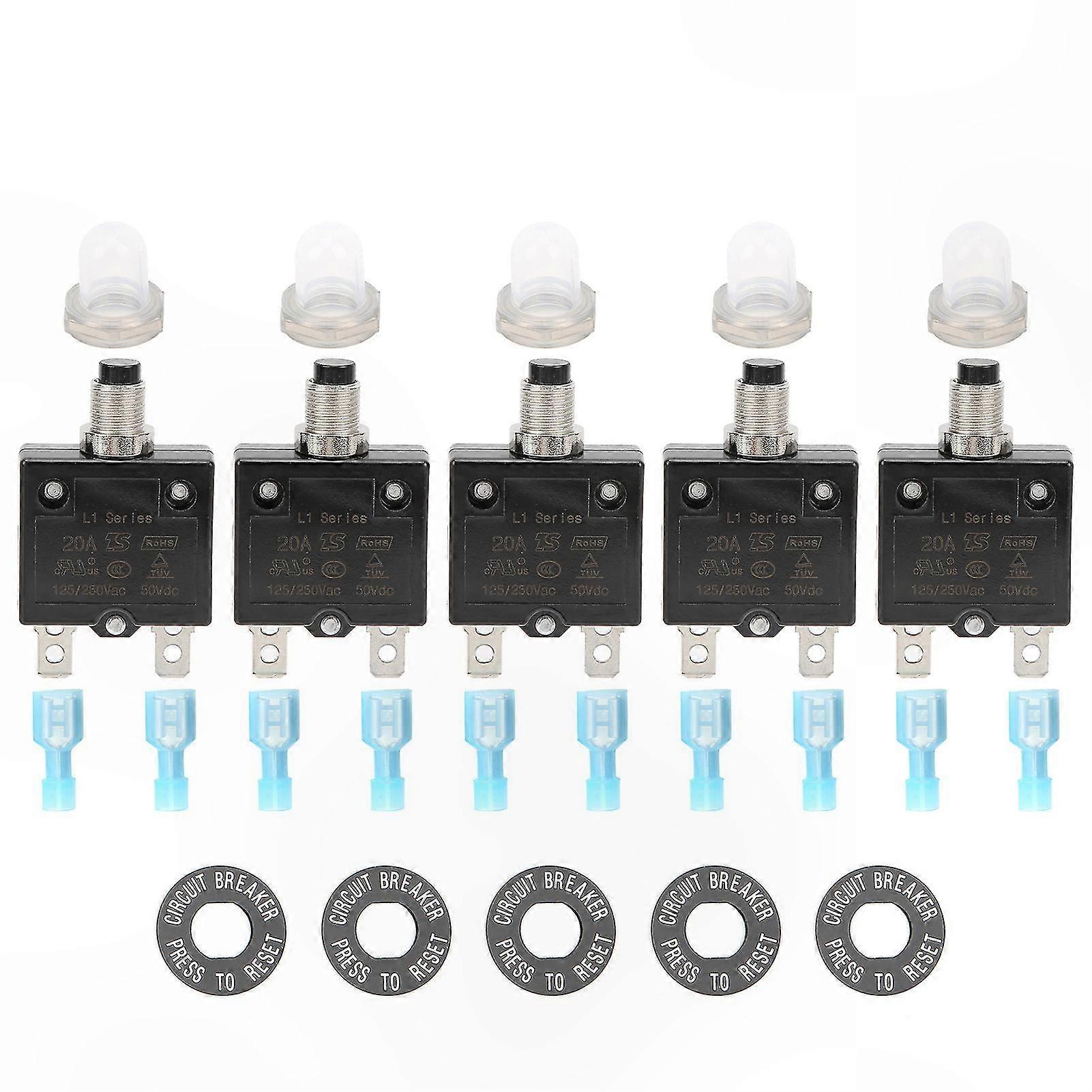 Thermal Circuit Breaker 20A, Manual Reset Push Button, Quick Connect Terminals, Waterproof Cap Design