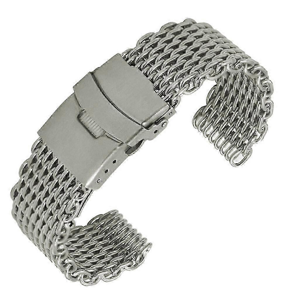 22mm Shark Mesh Stainless Steel Watch Band Strap Folding Clasp Watchband (Long Pattern Silver)
