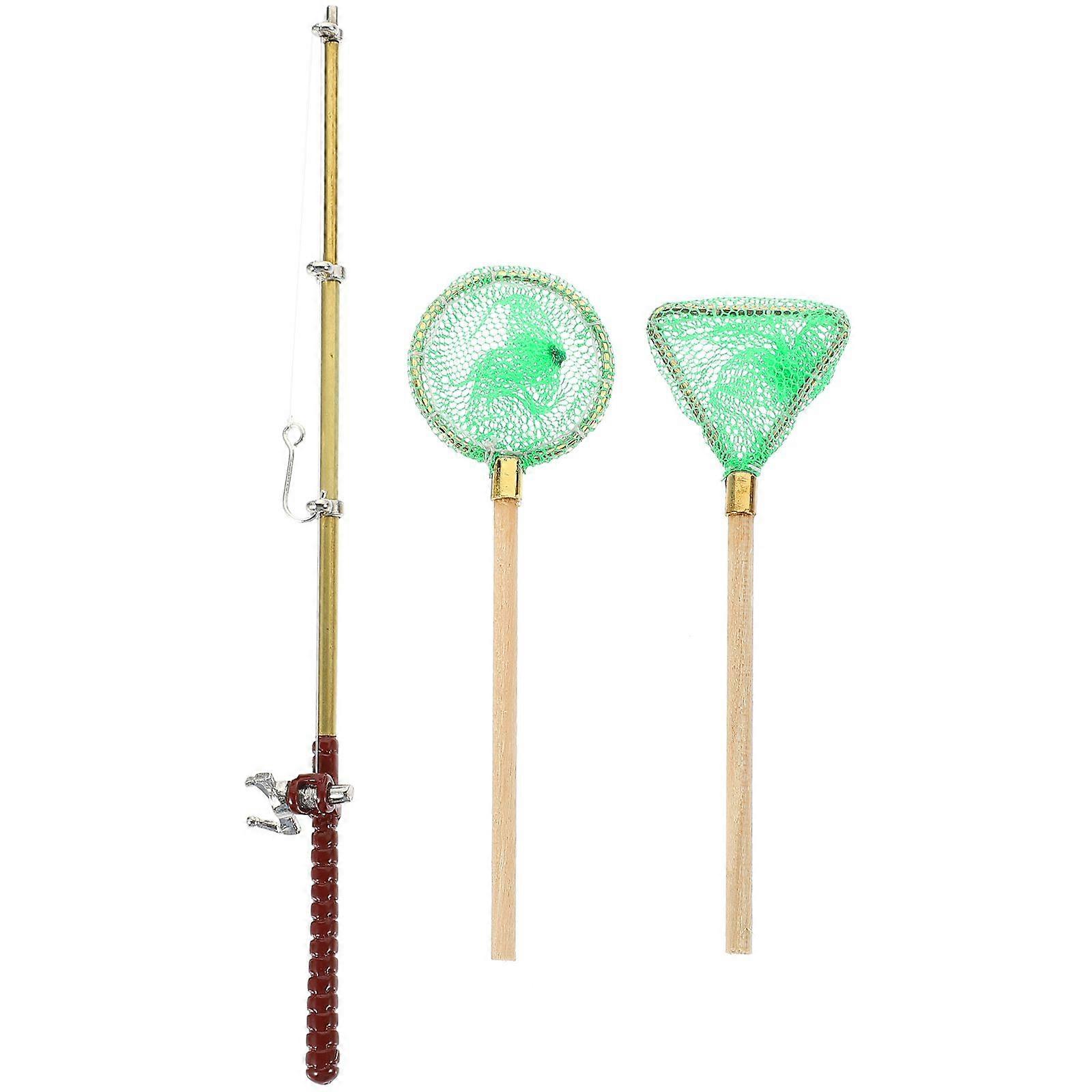 1 Set of Miniature Fishing Rod Life Scene Models Doll House Decoration Miniature Fish Rod Fishing Net