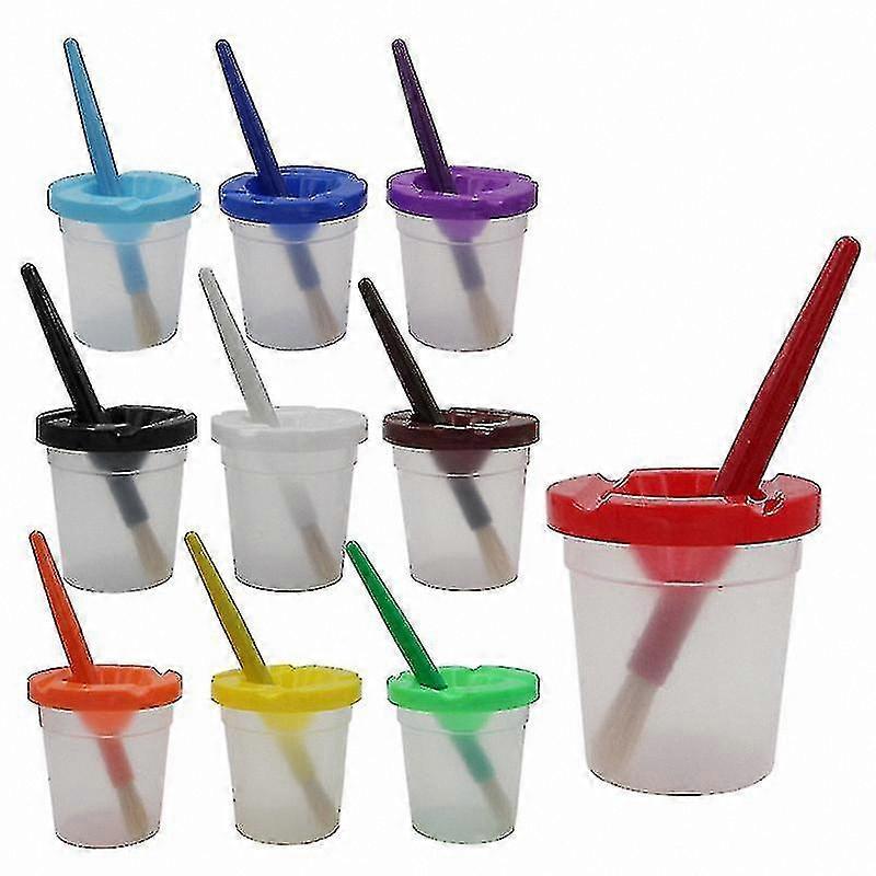 10-Pack Paint Cups with Lids and Brushes, Colorful Containers for Kids Art Projects
