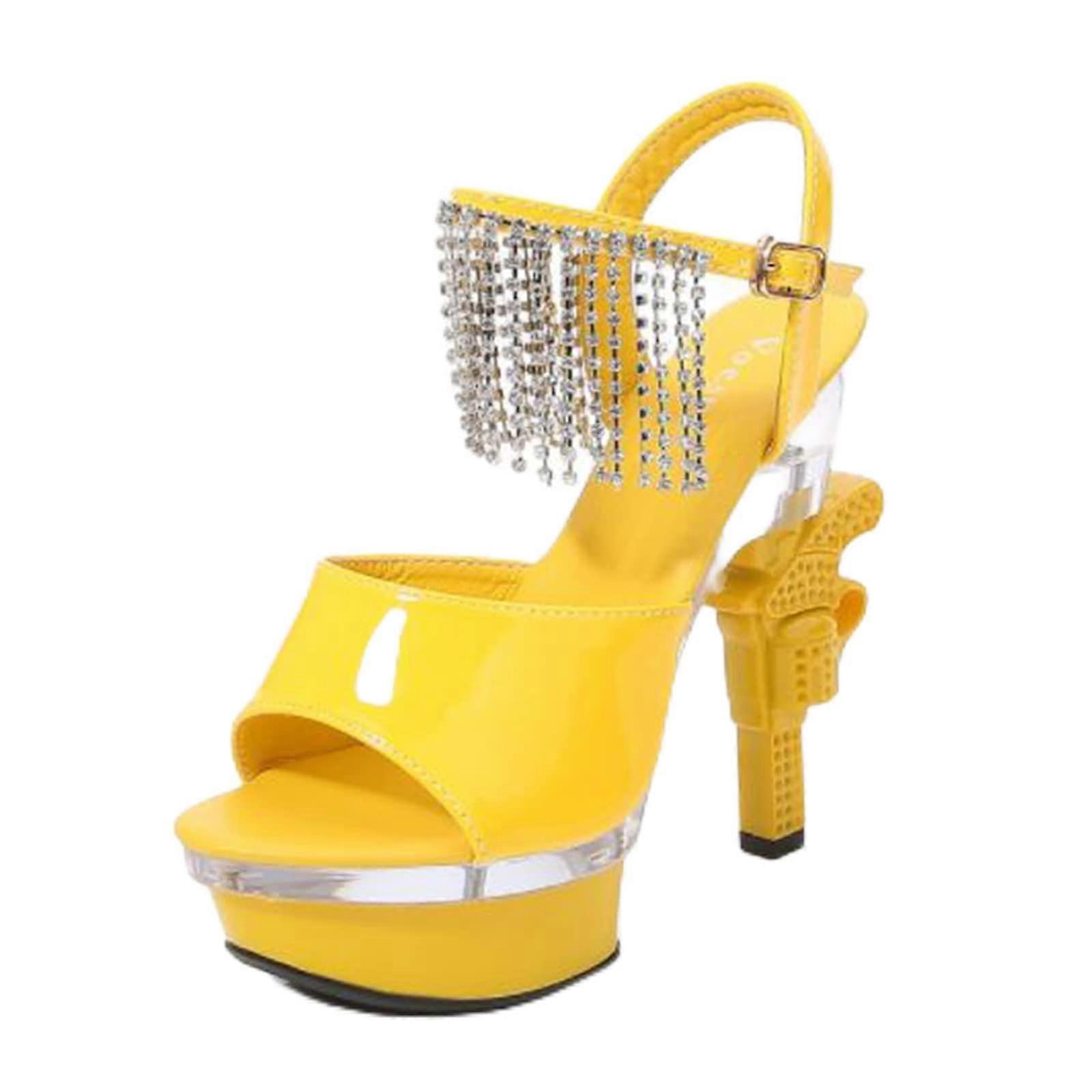 Women's 14Cm High Heel Sandals Yellow Chunky Platform Open Toe Heels Plus Size Wedding Party Everyday Style Size 34