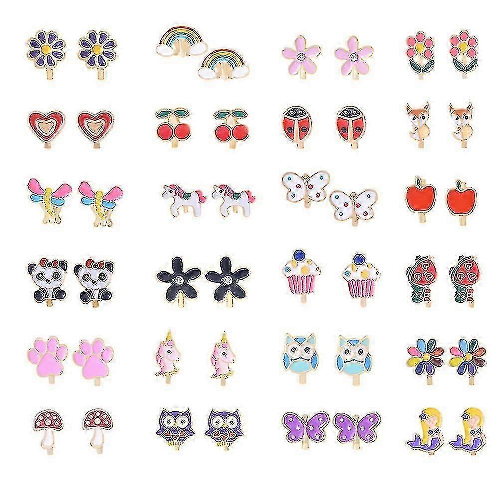 女の子のための花クリップオンイヤリング24ペア-プリンセススタイルドレスアップアクセサリー