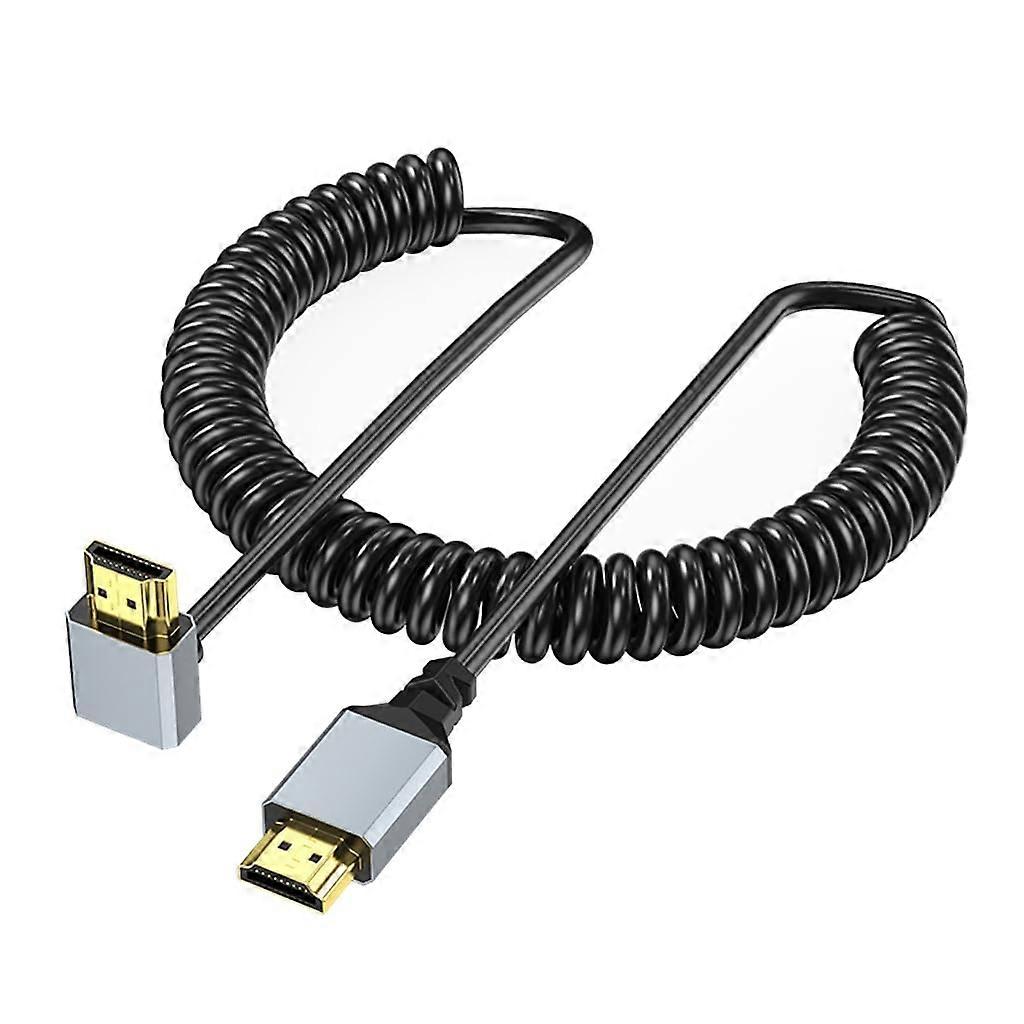 High Speed HDTV Port 2.0 Coiled Cable Right Angle Male to Male for 4K TVs and Computer Monitors Upward Bend