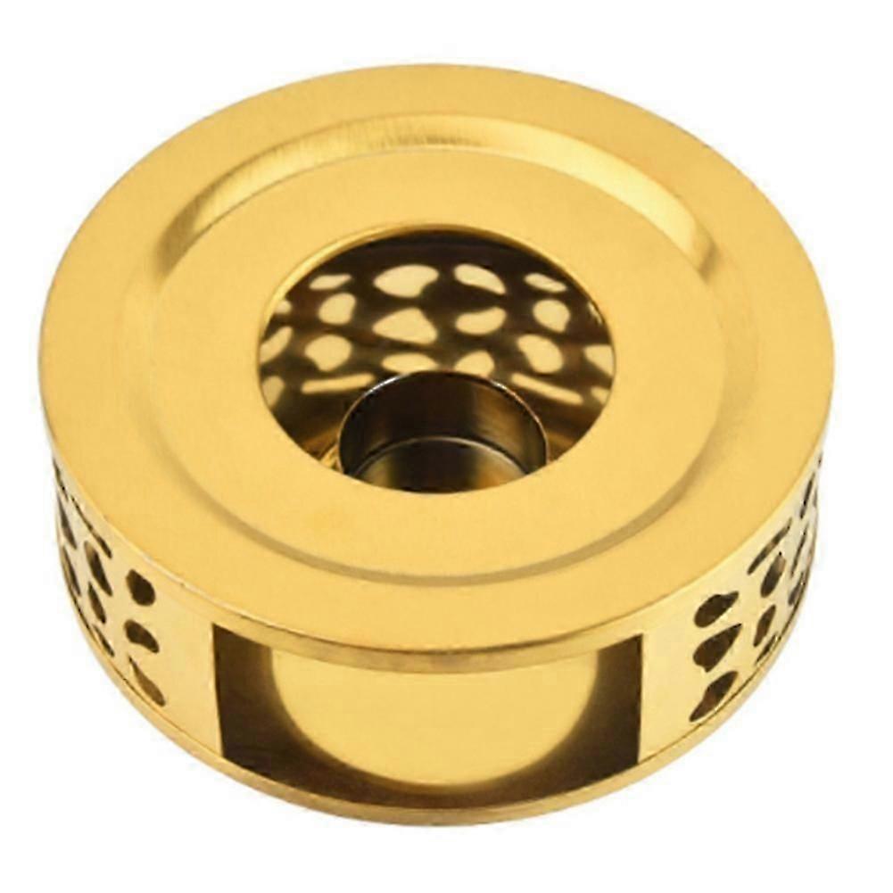 Tea pot warmer with brushed finish and gold holder for serving tea
