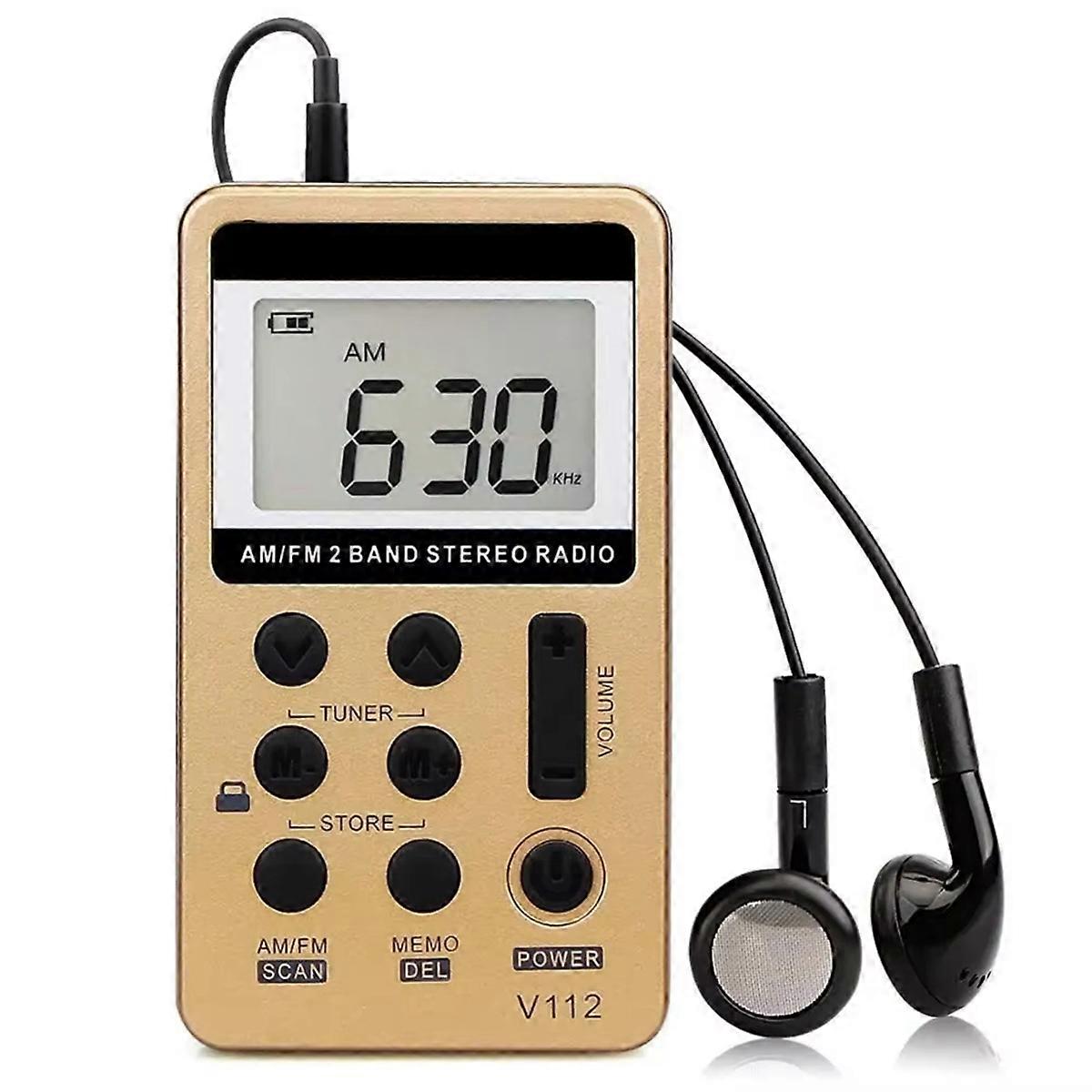 Mini Radio Pocket Radio Receiver Portable Radios AM FM Rechargeable Earphone for Go Hiking Gold