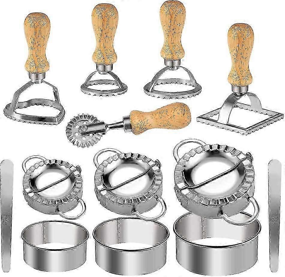 [13 Pieces Upgraded] 6 Pieces Ravioli Maker Cutter Stamp Set With Wooden Handle Four Shapes And 7 Pieces Stainless Steel Dumplings Maker Three Sizesfo