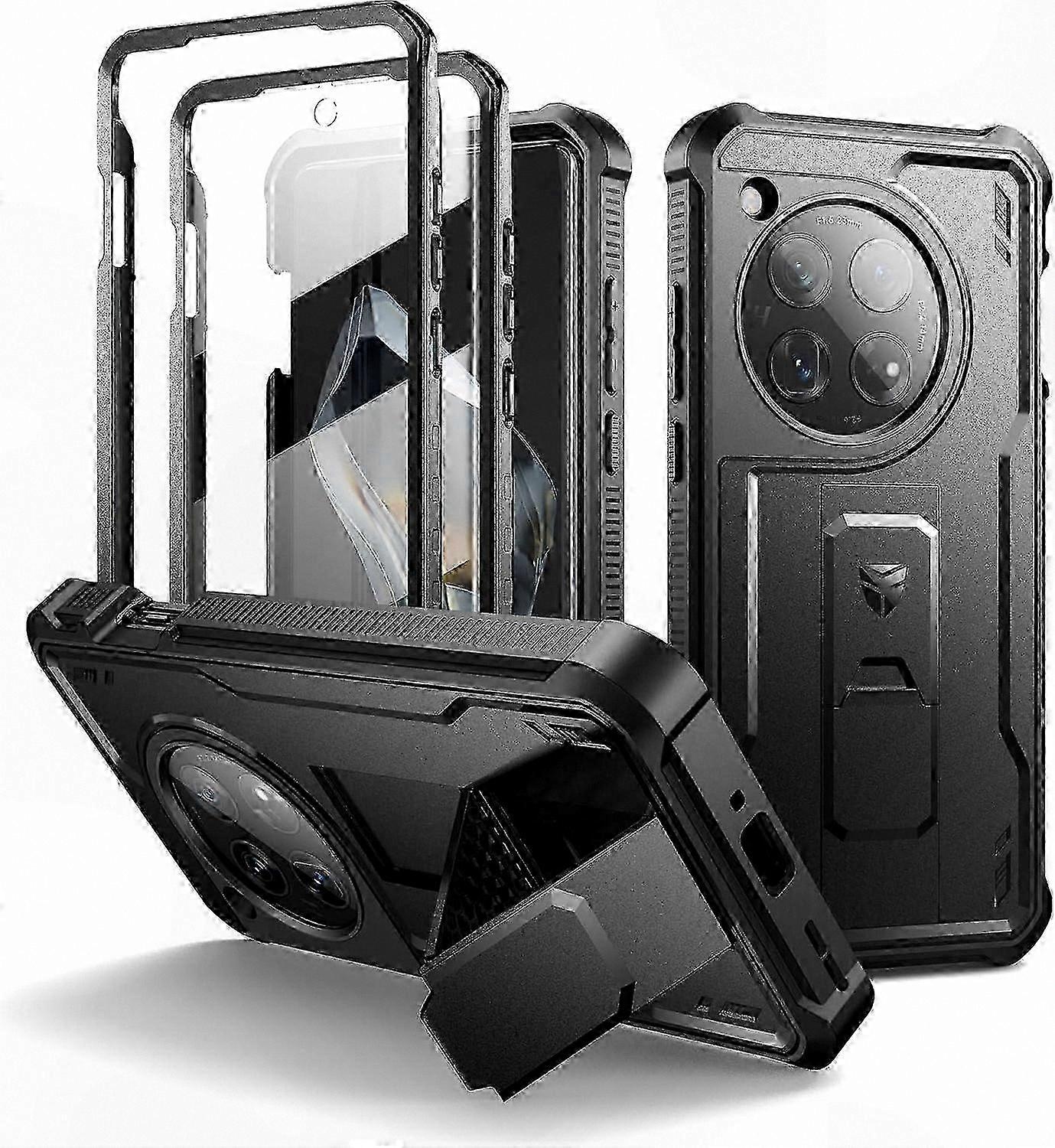 Heavy-Duty Protective Case with Built-in Screen Guard and Stand for OnePlus 12 5G (2024), Shockproof Black Enclosure
