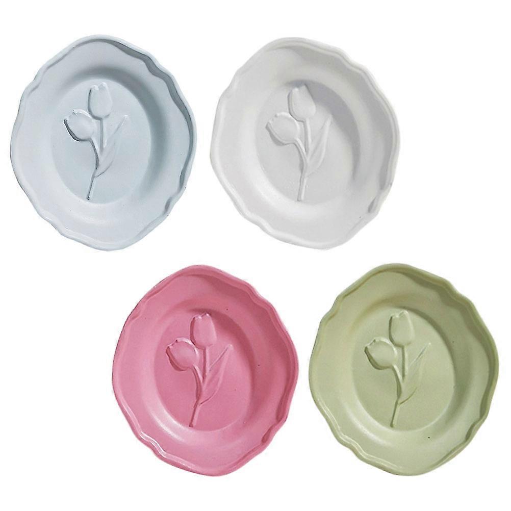Dollhouse Decoration Miniature Tulip Pattern Plate for Display Assorted Color Alloy Material 4Pcs