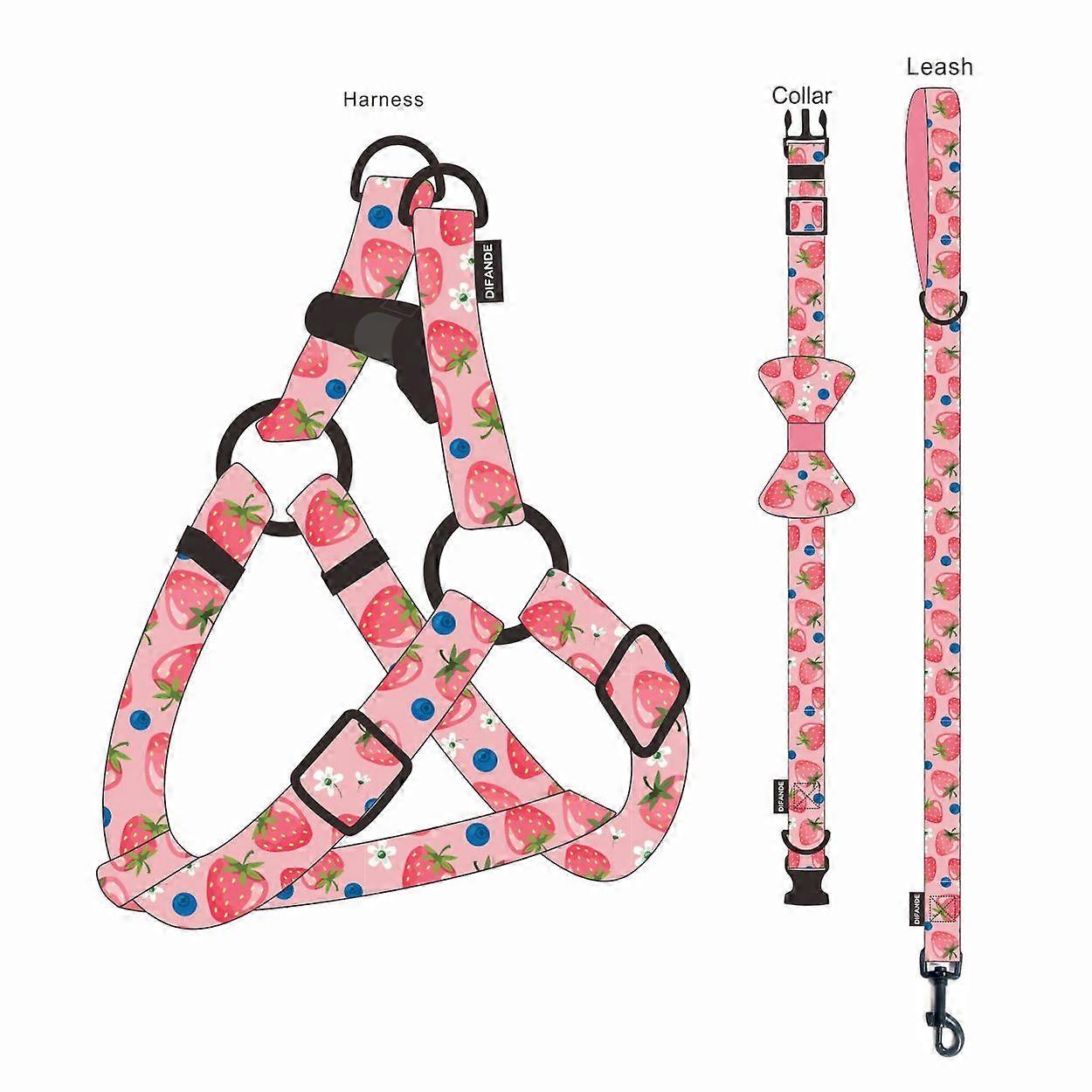 Reflective Dog Harness Vest With Leash Set, Strawberry Fruit Pattern, Adjustable