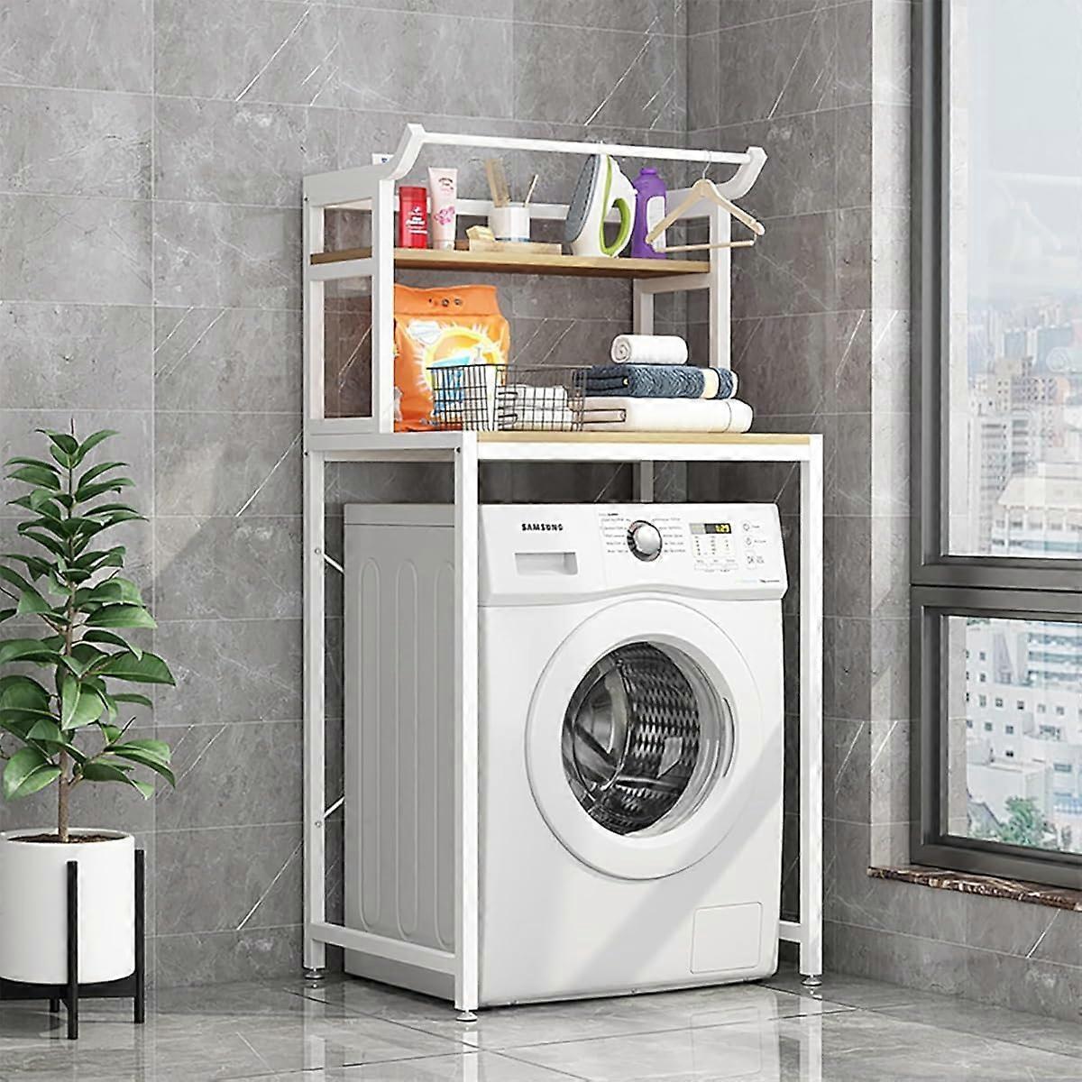 Washer Dryer Stacking Rack Wooden Standing Shelf Drum Washing Cabinet Over Washer Storage White Brown 150cm