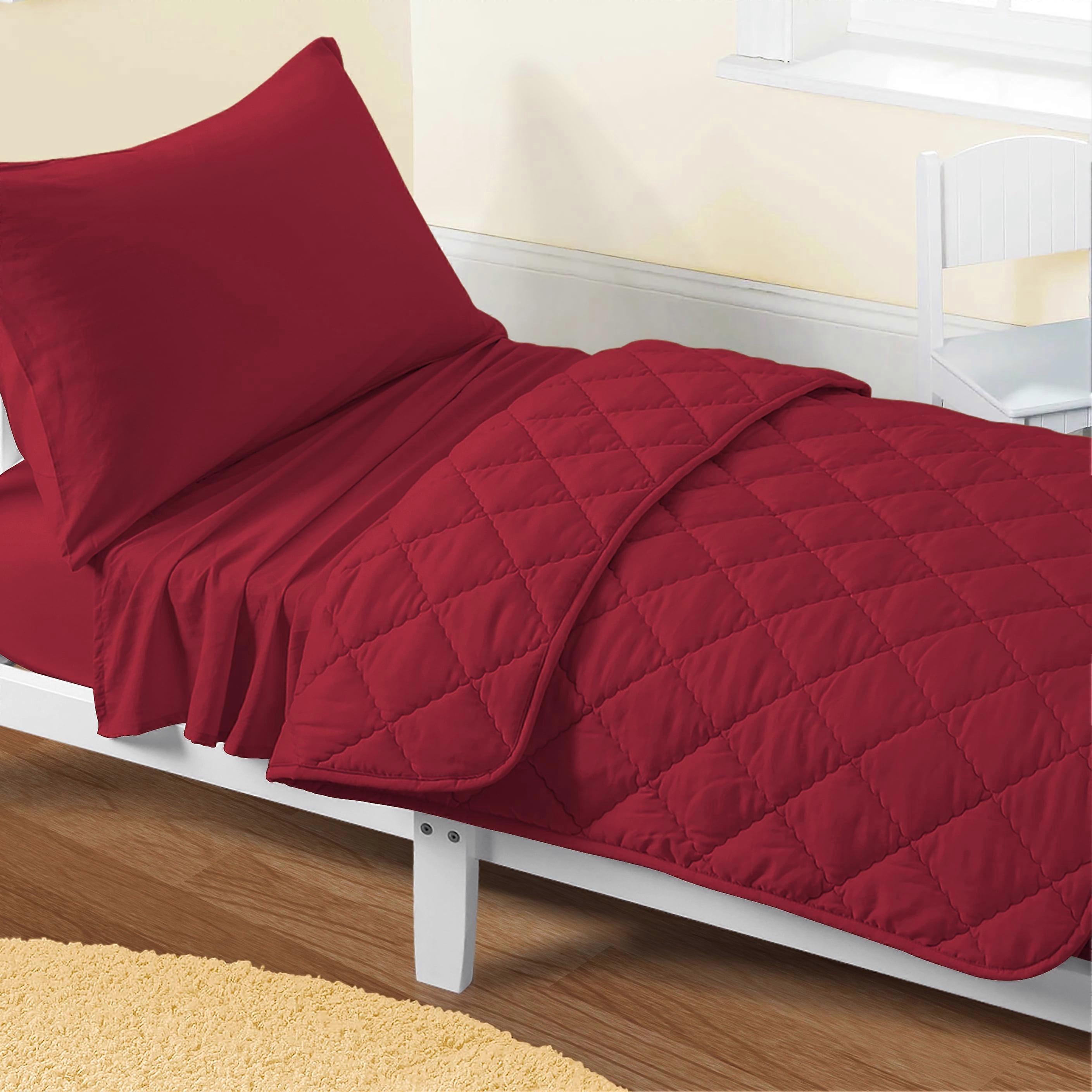 Flxxie Microfiber Toddler Bedding Set, Soft & Easy Care, 4-Piece (Quilted Comforter, Sheets, Pillowcase), Wine Red