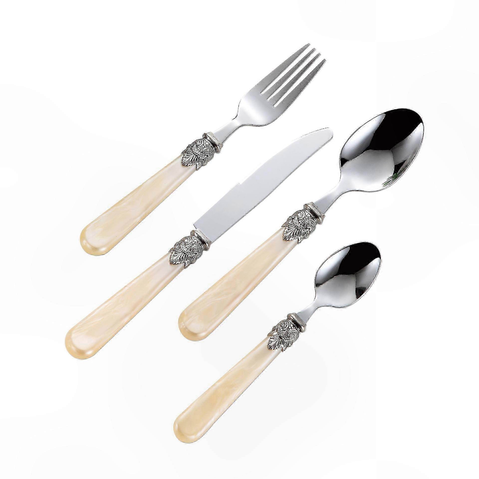 Stainless Steel Flatware Set with Cream and Ivory Handles, Elegant Vintage Design for Traditional Table Settings
