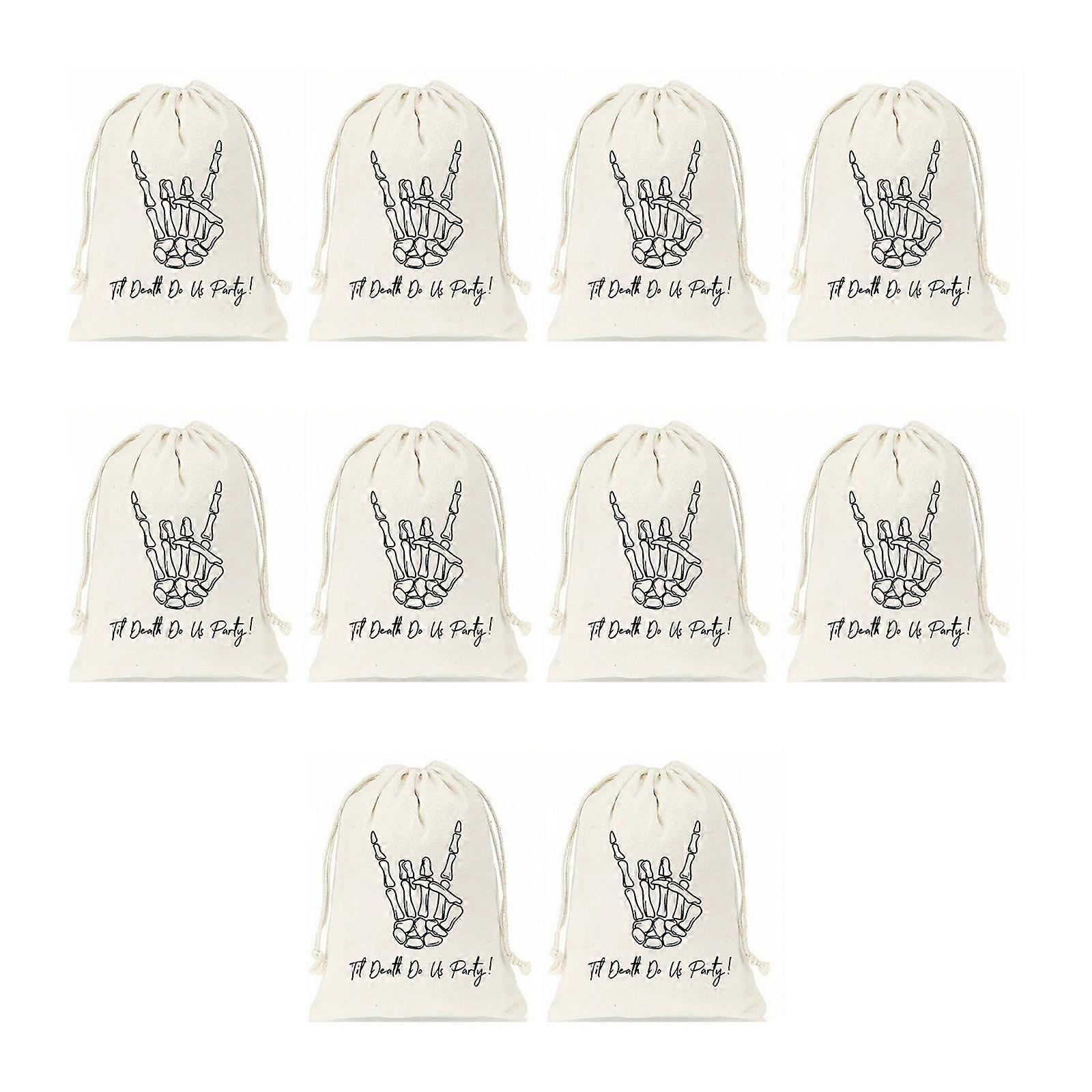 10Pcs Practical Halloween Skull Pattern Linen Storage Bag Easy Access Drawstring for Home Celebration Accessories  White