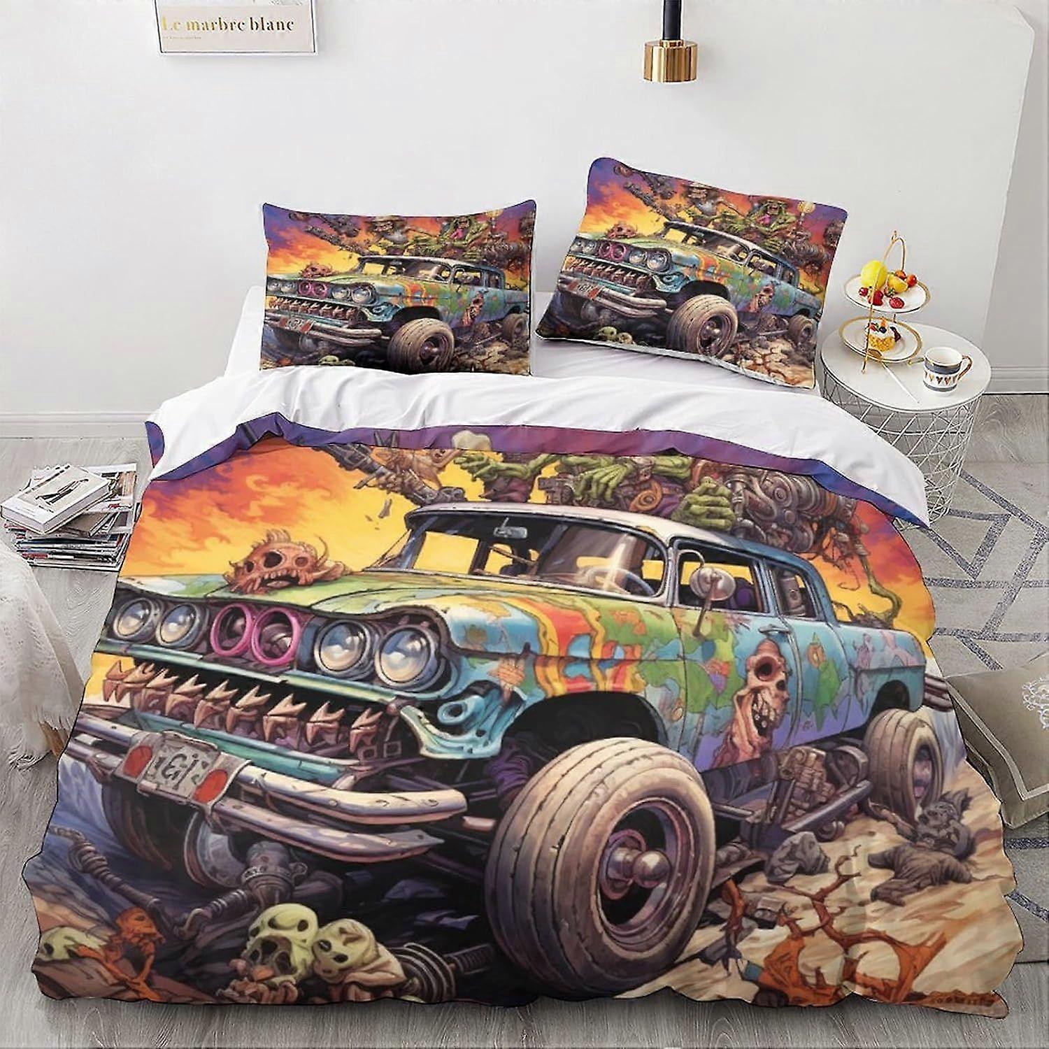 LikeEj monstros roupa de cama edredom capa 3D cartoon impresso edredom capa edredom com fecho de zíper, carro vintage roupa de cama duplo