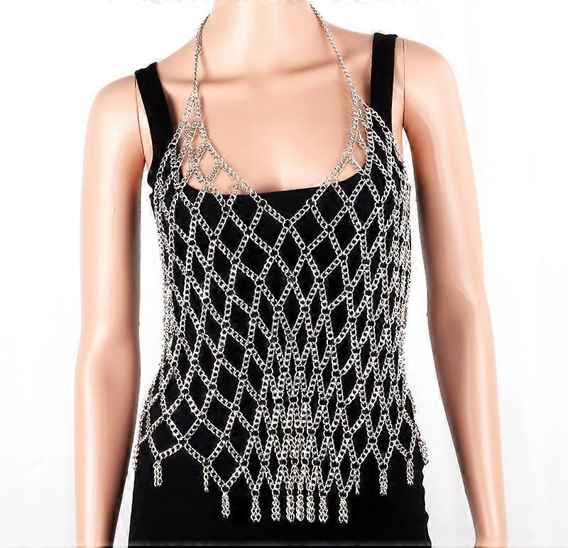 Luxury Women Silver Body Chain Carnival Bikini Sexy Mesh Chain Top Festival Wear