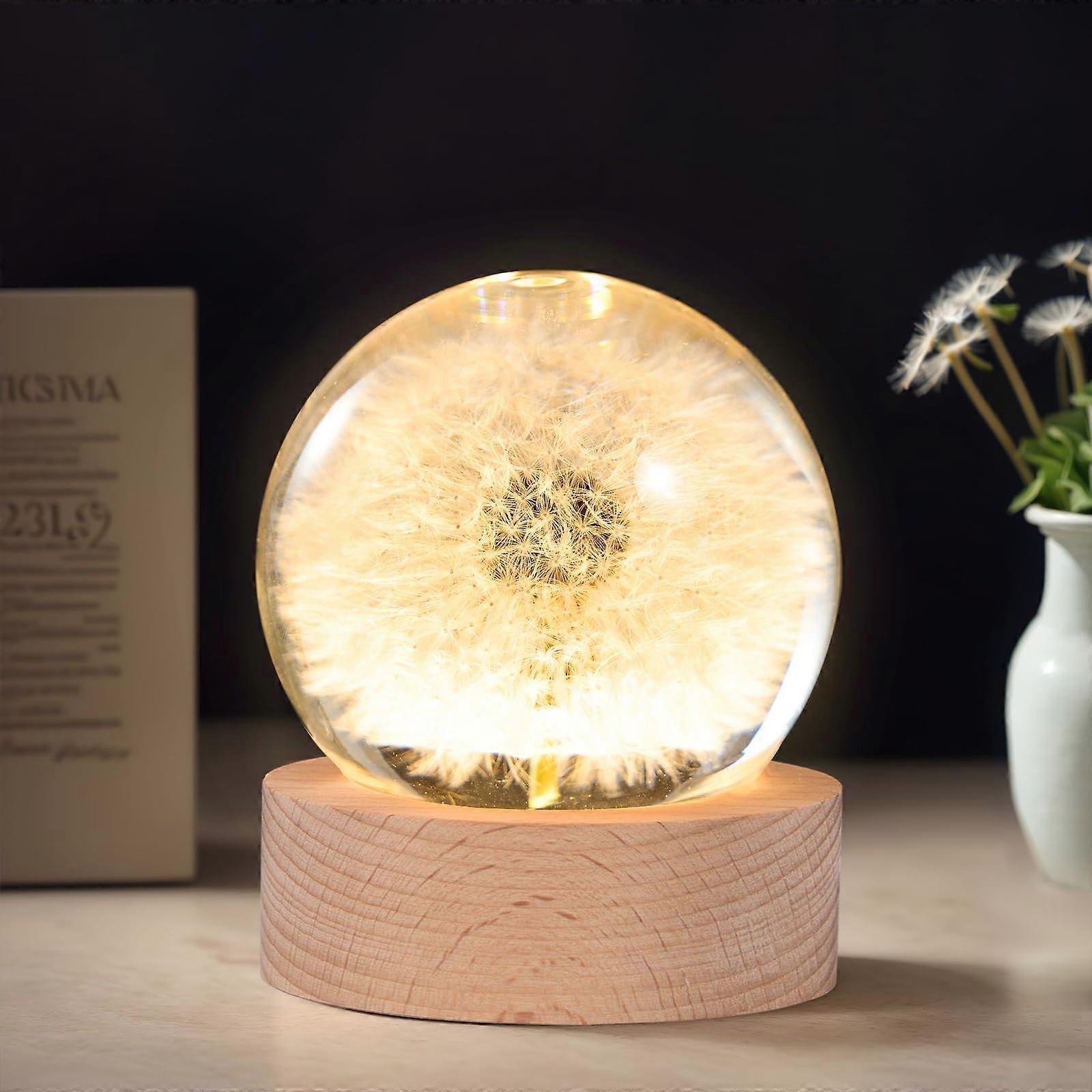 Real Dandelion Crystal Ball Lamp with Wood Base, Warm Ambient Glow for Bedroom and Table Decor