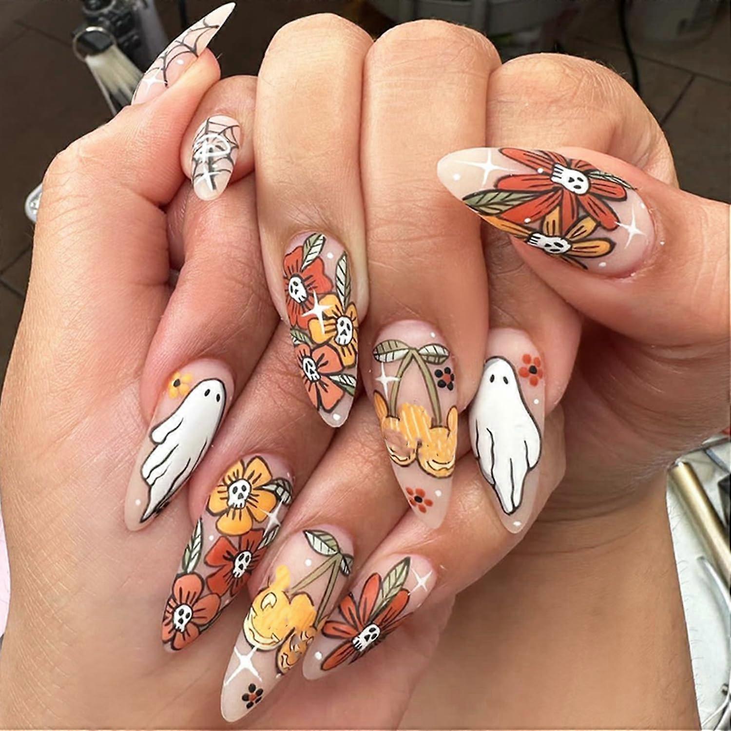 Halloween Press On Nails Ghost and Spider Web Design Long Oval Acrylic False Nails Reusable Set