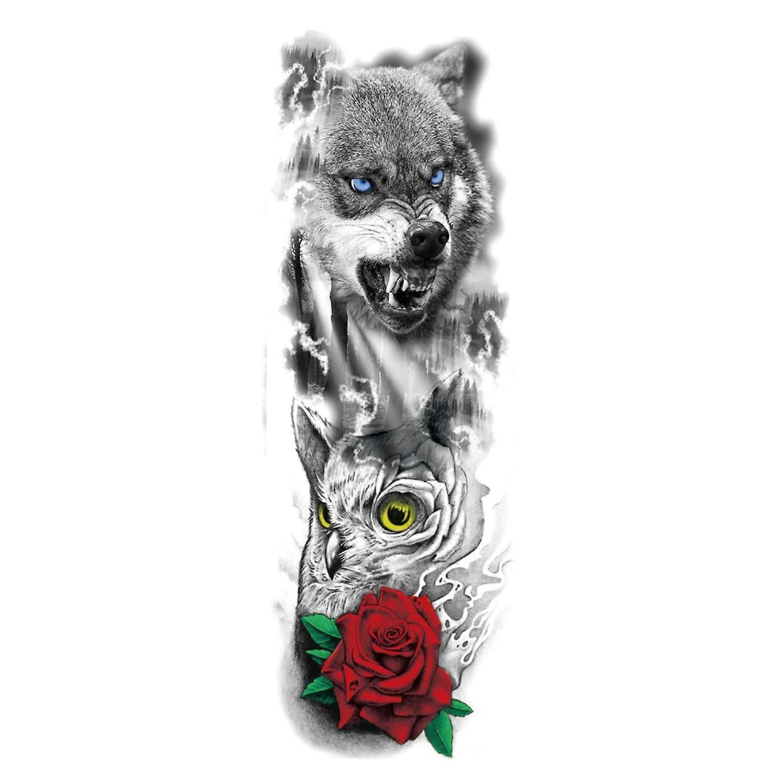 Extra Large Waterproof Full Arm Temporary Tattoos Sleeve with Realistic 3D Wolf Owl Rose Design