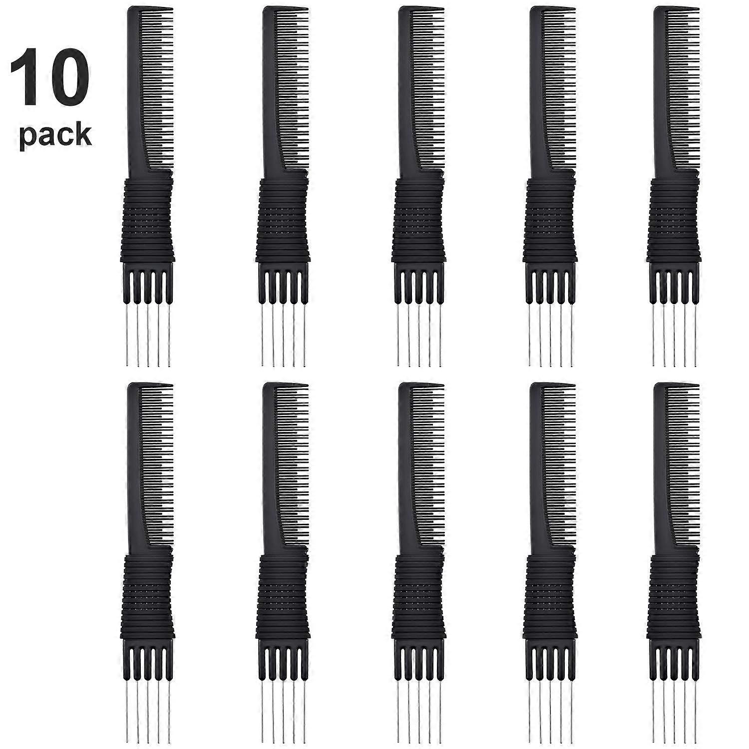 10 Pack Black Carbon Teasing Combs with Metal Prong, Heat Resistant Backcombing Comb Set for Salon