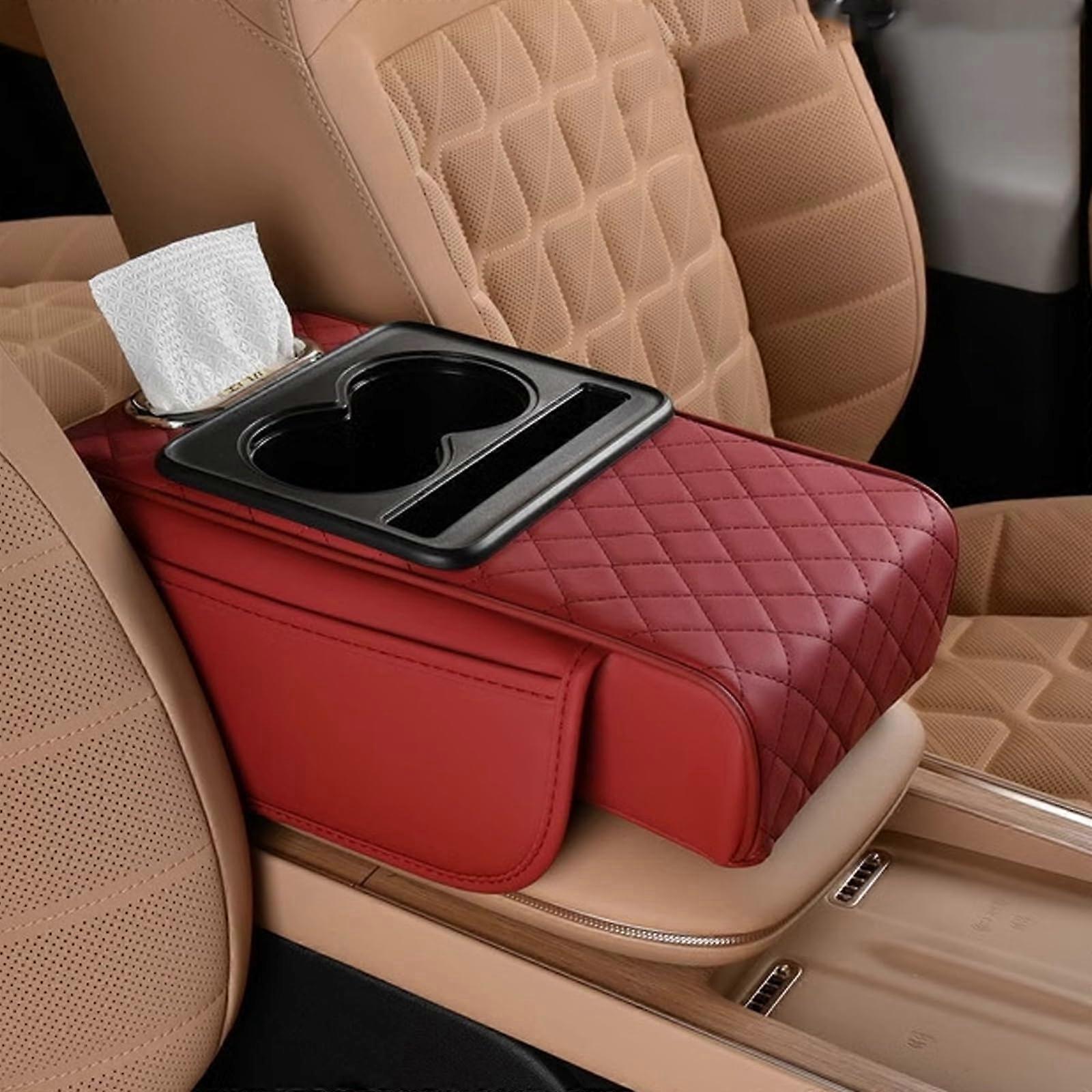 Leather Car Armrest Cushion with Storage, Dual Cup Holders, Ergonomic Support, Wine Red