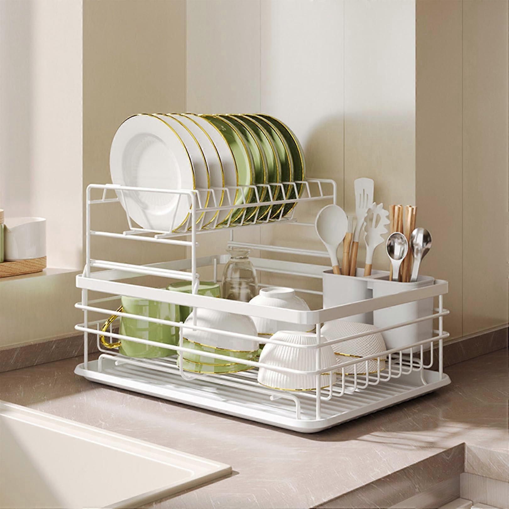 2 Tier Dish Drying Rack with Drainboard and Utensil Holder for Kitchen Counter Space Saving White