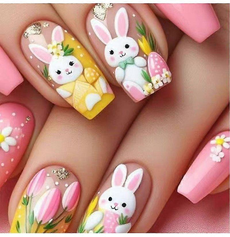 Abstract Graffiti Spring Flowers Easter Bunny Short False Nails 24 Pcs