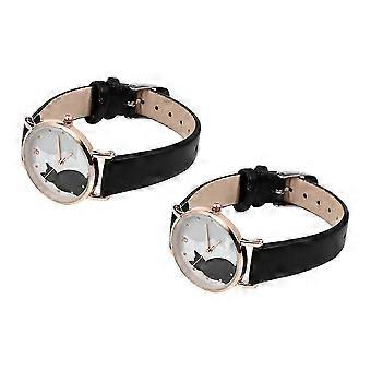Female Cat Pattern Wrist Watch For Women Daily Use Adjustable Watchband Black Color 2 Pcs