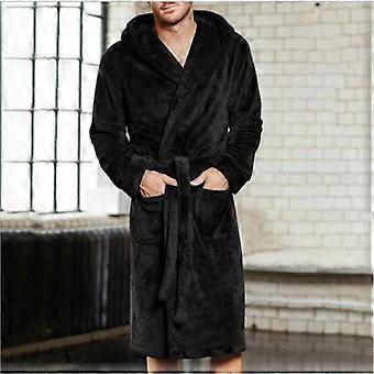 DRESSING GOWN Men's Fleece Winter Thick Solid Color Hooded Long Sleeve Dressing Gown with PocketsBlack