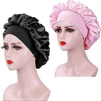2 Pieces Satin Sleeping Hair Cap, Silk Sleeping Hair Cap, Satin Sleeping Cap, Sleeping Hair Cap for Women (Black+Pink)