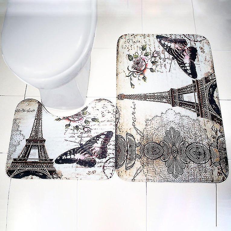 2pcs/set Paris Eiffel Tower Non-slip Bathroom Toilet Pedestal Rug + Bath Mat
