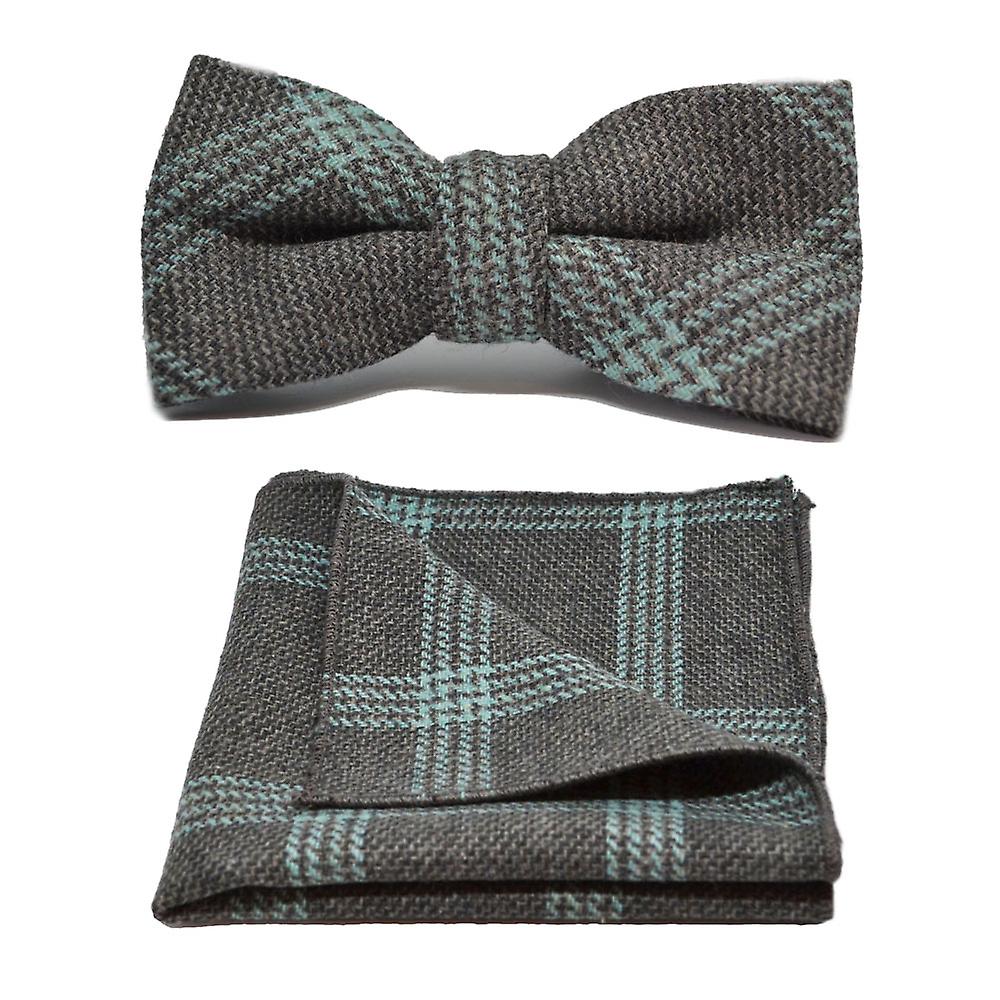 Slate Grey &amp; Blue Birdseye Check Bow Tie &amp; Pocket Square Set