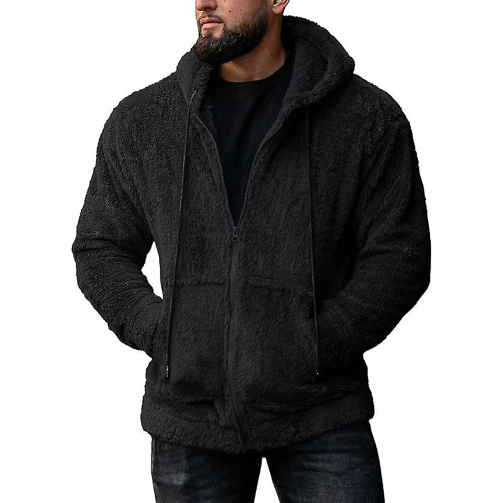 Men Fluffy Hooded Coat Zip Up Fleece Jacket Faux Fur Outwear Tops Warm