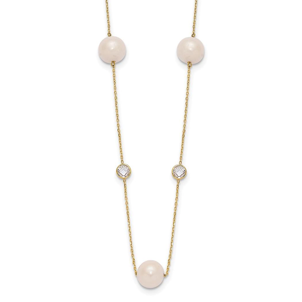 Zircone cubique polie en or jaune massif 10 carats et 7 perles de culture d’eau douce de 8 mm 7 stations collier 20 pouces pendentif-nec