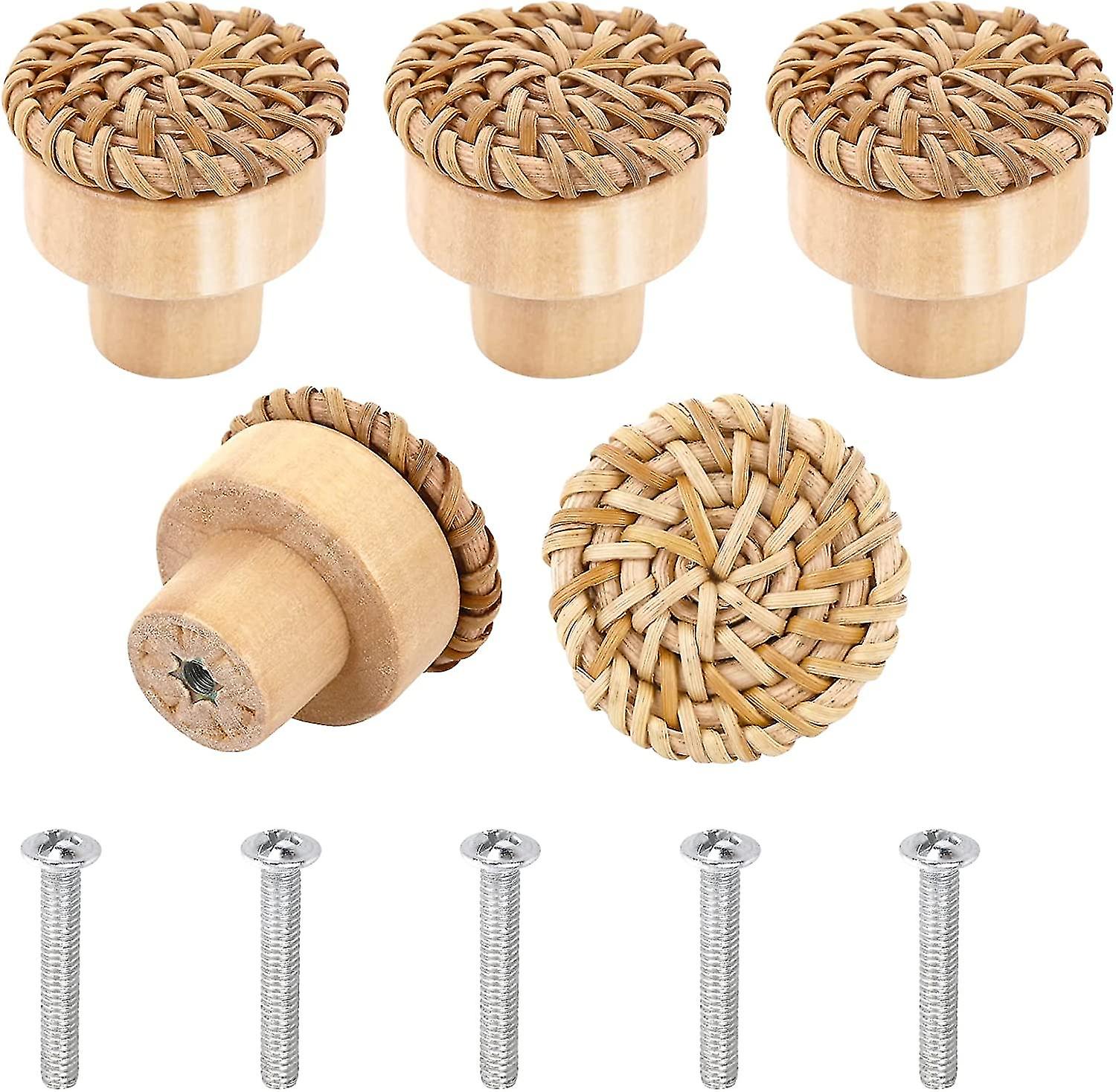5 Pack Boho Rattan Dresser Knobs, Round Wood Drawer Knobs Handmade Woven Wicker