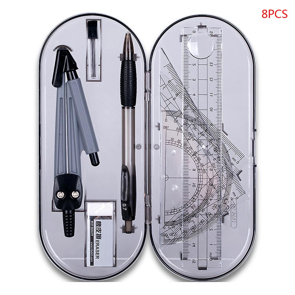 8pcs/set Portable Precision Geometry Protractor Drawing Compass Ruler Pencil Ess