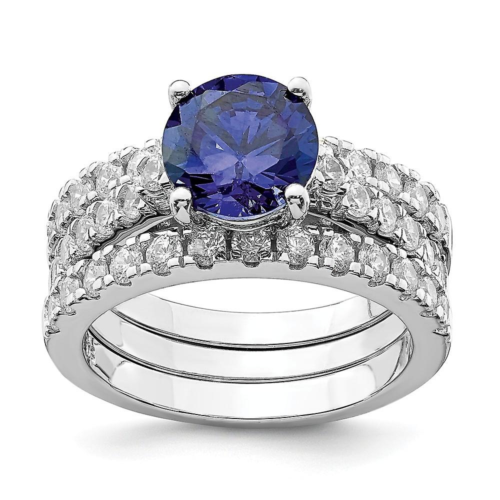 925 Sterling Silver Rhodium Plated 8mm Blue Cubic Zirconia Ring and 2-Cubic-Zirconia Band Set-Ring for Women and Men - R