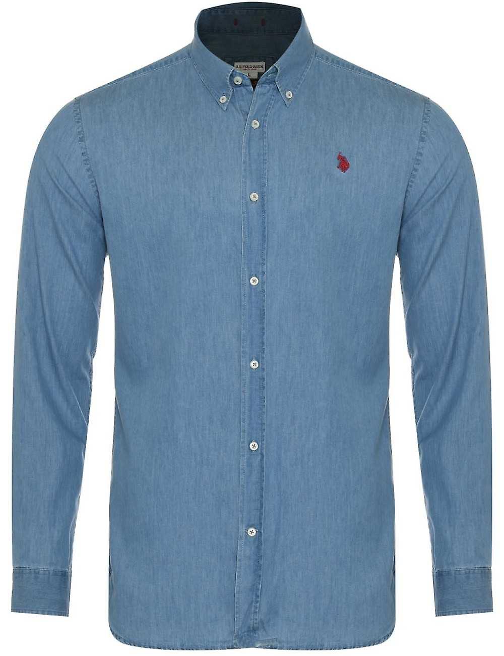 U.s Polo Assn. Camicia Uomo Denim In Cotone Blu