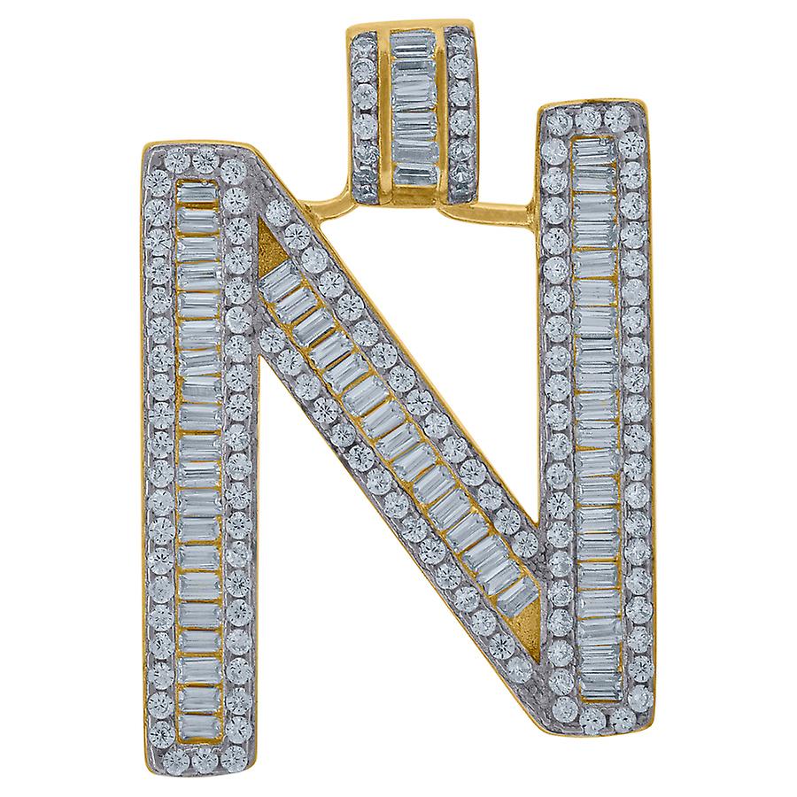 925 Sterling Silver Yellow tone Unisex Baguette Cubic Zirconia Letter Name Personalized Monogram Initial Alphabet N Char