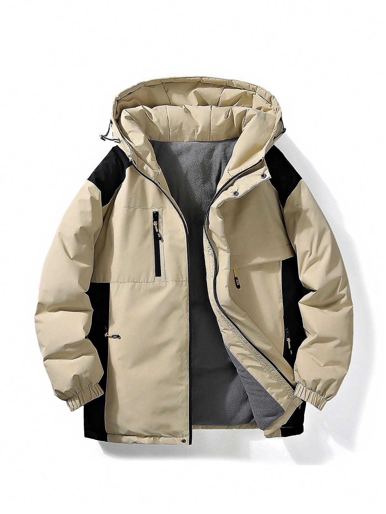 Men Colorblock Drawstring Hooded Winter Coat