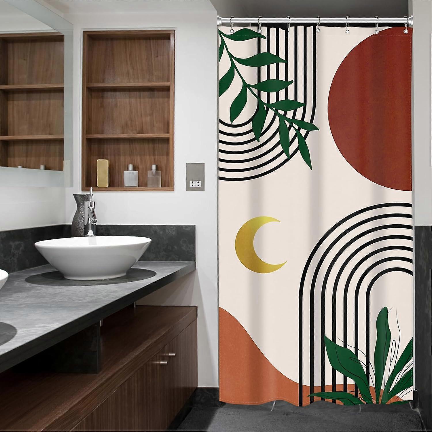 كشك صغير RV البوهيمي منتصف القرن دش الستار بسيط مجردة ورقة القوس 36Wx72H بوصة ضيقة الحديثة المعاصرة القمر الذهب الأخضر ديكور النسيج حمام